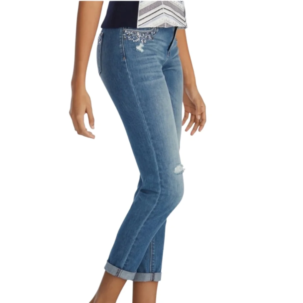 WHBM Low Rise Girlfriend Jeans Blue Jeweled Pockets Size 0R - Picture 3 of 12